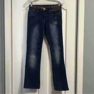 DESIGUAL embroidered sequins distressed boot cut blue denim jeans size 27